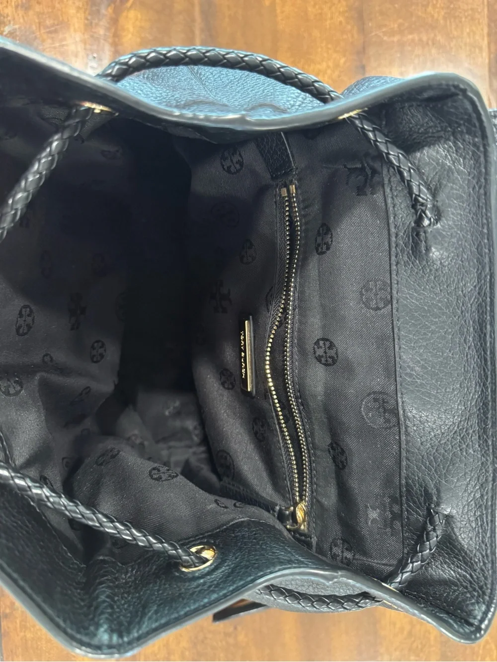 Tory Burch Black Pebbled Leather Tassel Drawstring Backpack